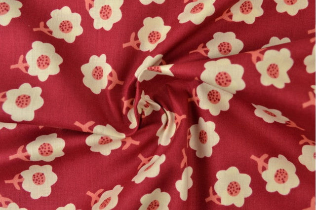 RØD BOMULDSPOPLIN MED HVIDT DITSY BLOMSTERPRINT