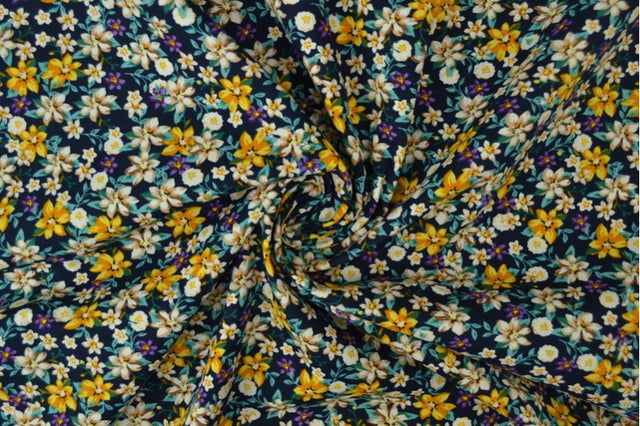 MARINEBLÅ BOMULDSPOPLIN MED MULTIFARVET DITSY BLOMSTERPRINT