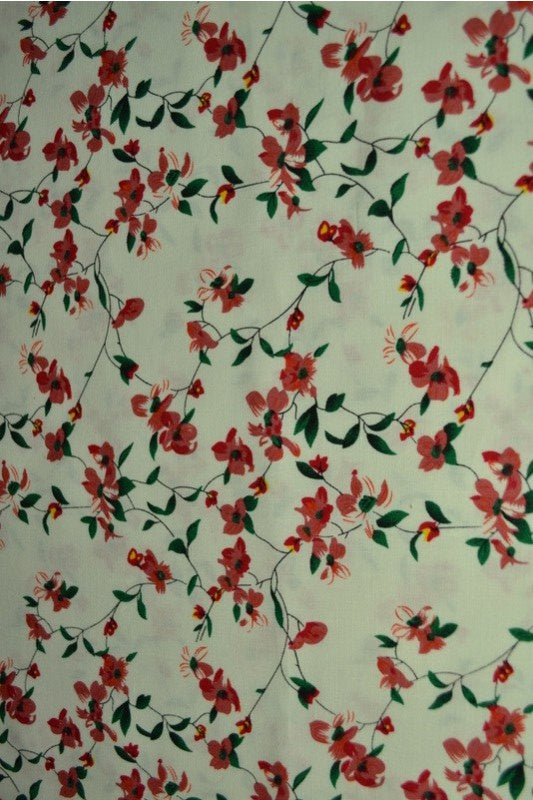 LYSEGRØN BOMULDSPOPLIN MED BOTANISK BLOMSTERPRINT – RØD