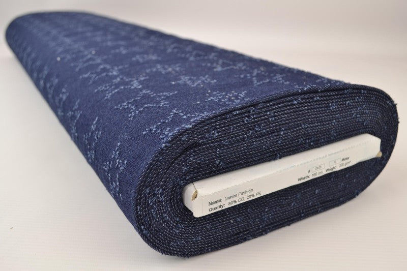 MØRKEBLÅ DENIM STOF MED STJERNEMØNSTER – METERVARE TIL BUKSER & JAKKER