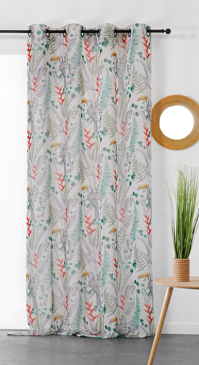 Gardinvoile med tropisk tukan-print — ecru