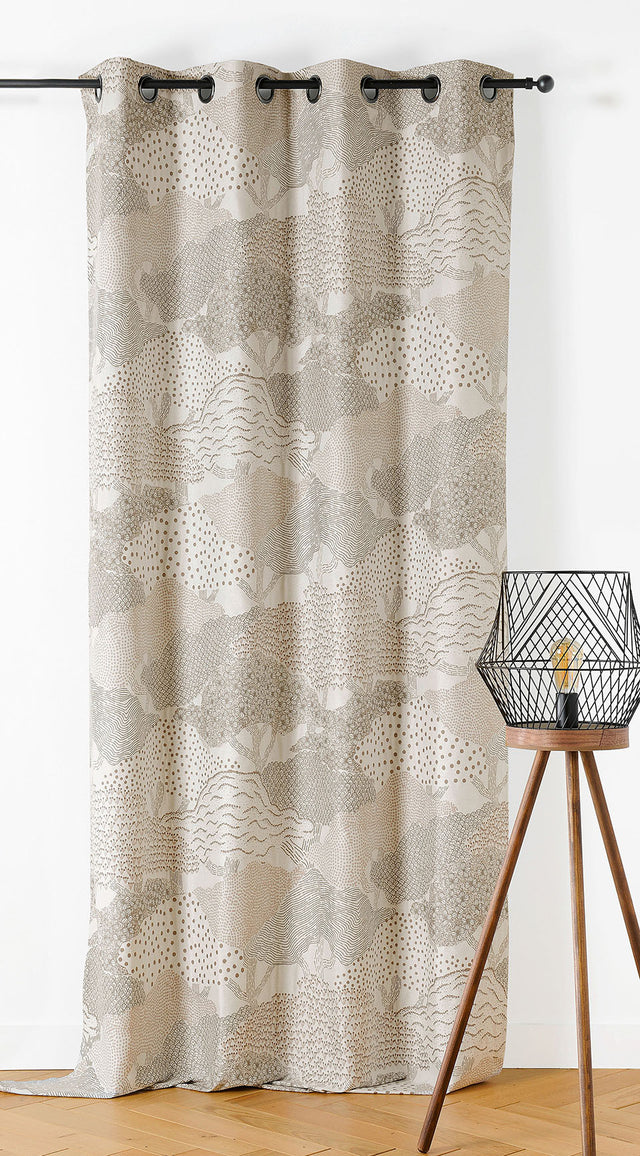 Jacquard-gardinstof med japansk landskabsmotiv — hørbeige, syet som færdigt gardin