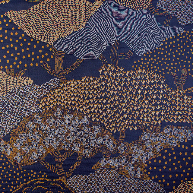 Jacquard-gardinstof med japansk landskabsmotiv — marineblå, stofprøve