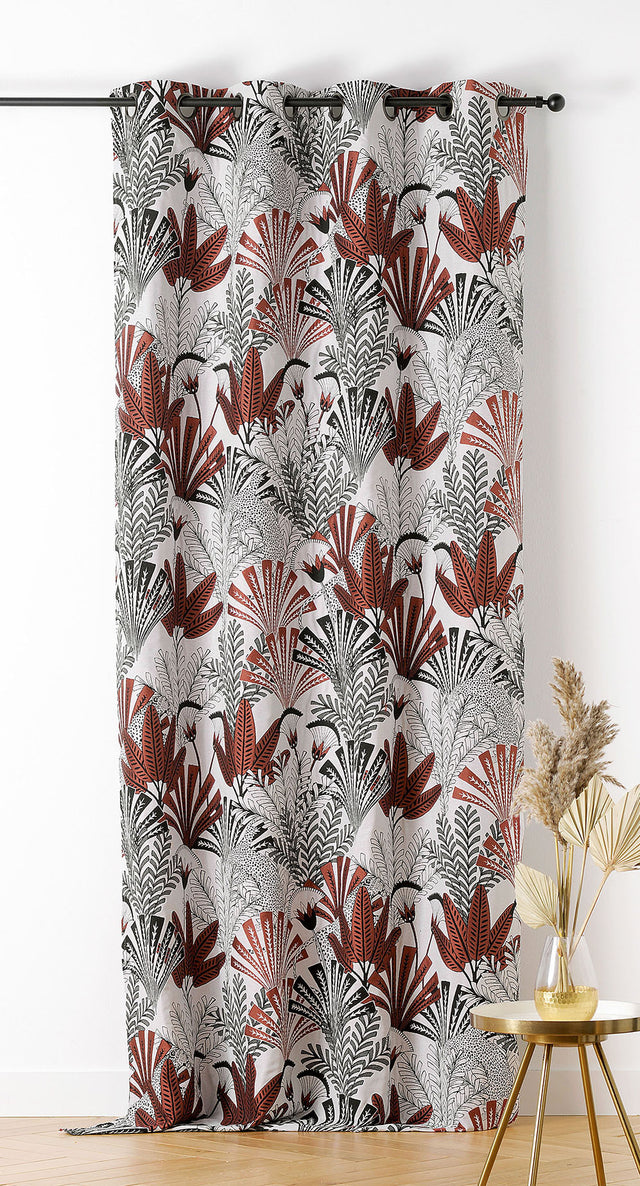 Jacquard gardinstof med palmemotiv — terrakotta & sort, syet som færdigt gardin