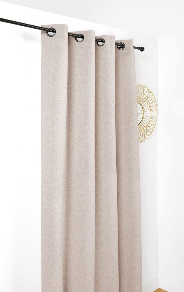 Rustik jacquard med hamp og bomuld — hørbeige & hvid, syet som færdigt gardin