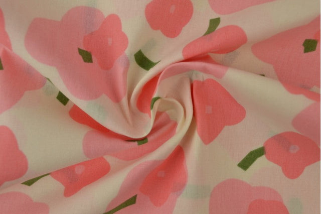 CREME BOMULDSPOPLIN MED VALMUEPRINT – PINK & GRØN