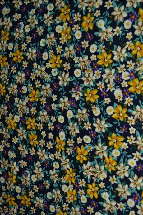 MARINEBLÅ BOMULDSPOPLIN MED MULTIFARVET DITSY BLOMSTERPRINT