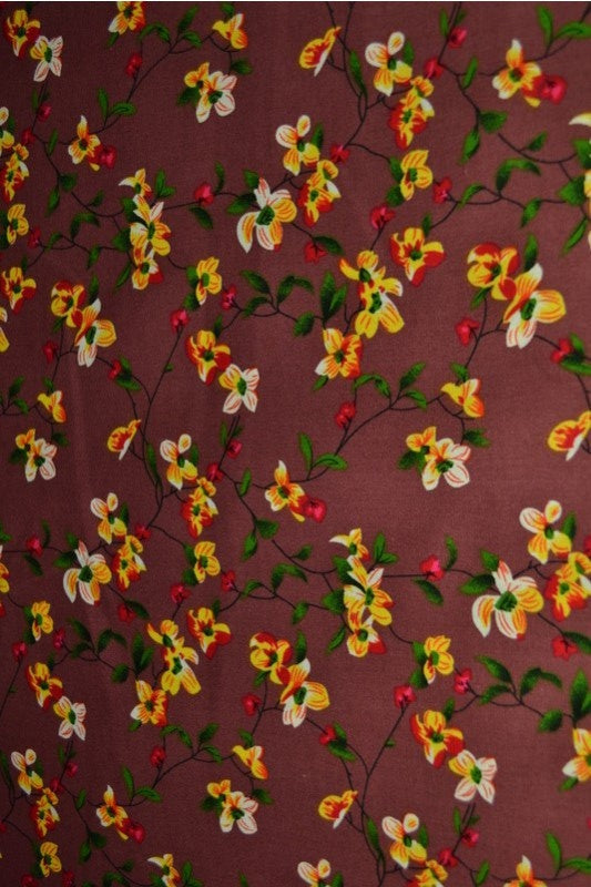 BORDEAUX BOMULDSPOPLIN MED MULTIFARVET DITSY BLOMSTERPRINT