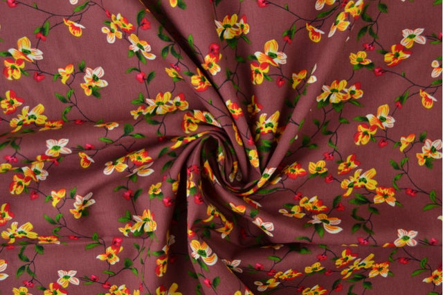 BORDEAUX BOMULDSPOPLIN MED MULTIFARVET DITSY BLOMSTERPRINT