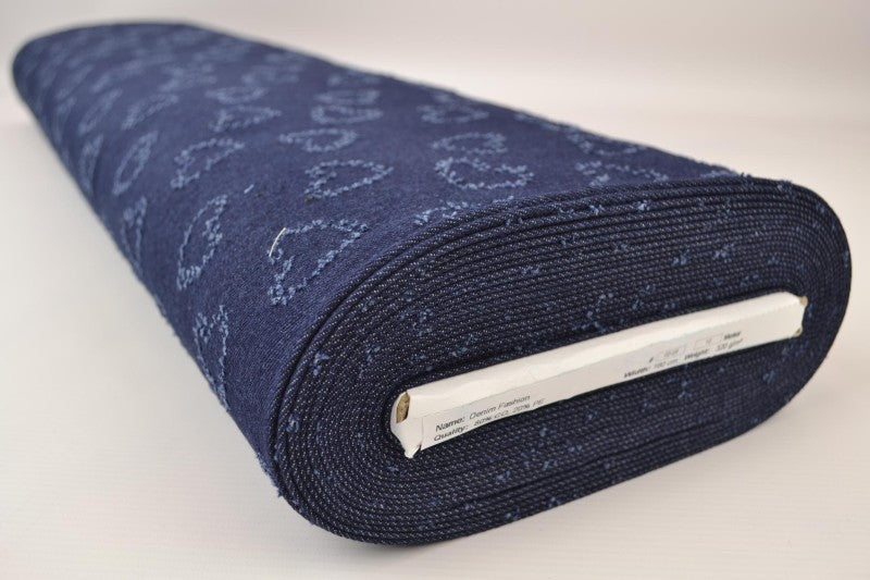 MØRKEBLÅ DENIM STOF MED HJERTEMØNSTER – METERVARE TIL BUKSER & JAKKER
