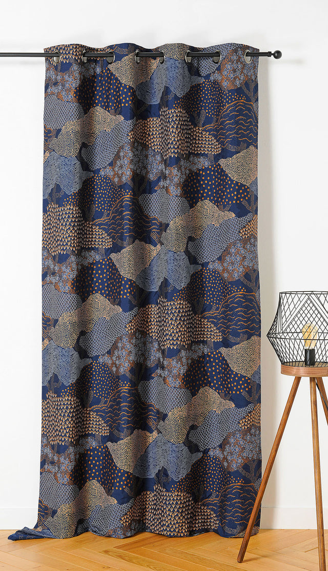 Jacquard-gardinstof med japansk landskabsmotiv — marineblå, syet som færdigt gardin