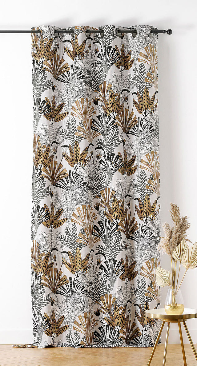 Jacquard gardinstof med palmemotiv — okkergul & sort, syet som færdigt gardin