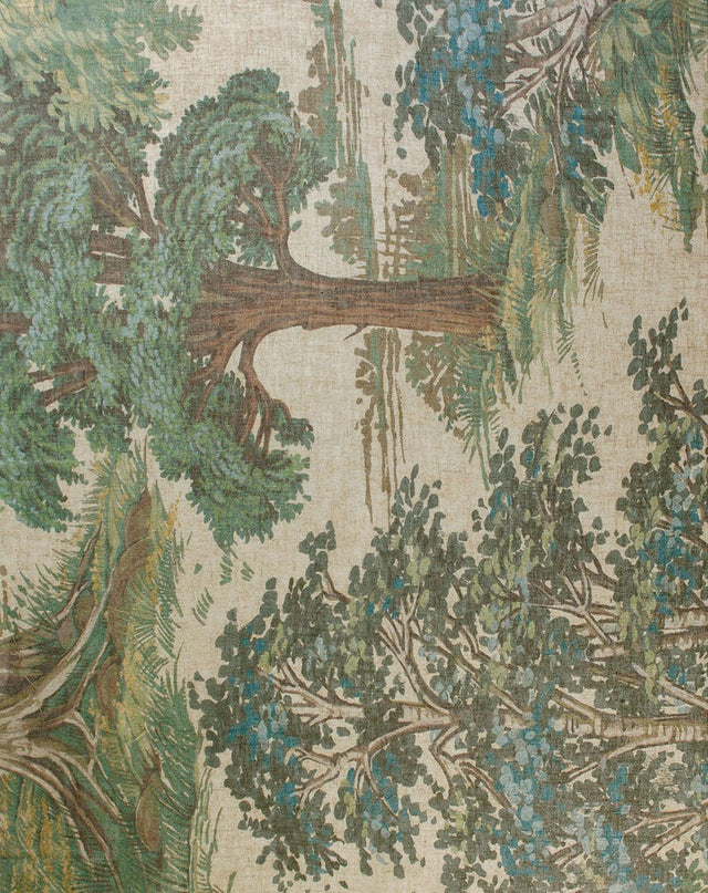Semi-transparent voile med skovmotiv — skovgrøn, stofprøve