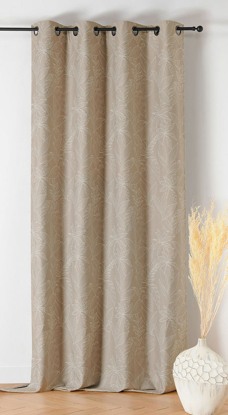 Isolerende jacquard med bladmotiv og fleecebagside — taupe, syet som færdigt gardin