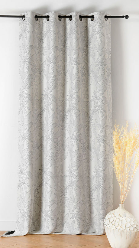 Isolerende jacquard med bladmotiv og fleecebagside — ecru, syet som færdigt gardin