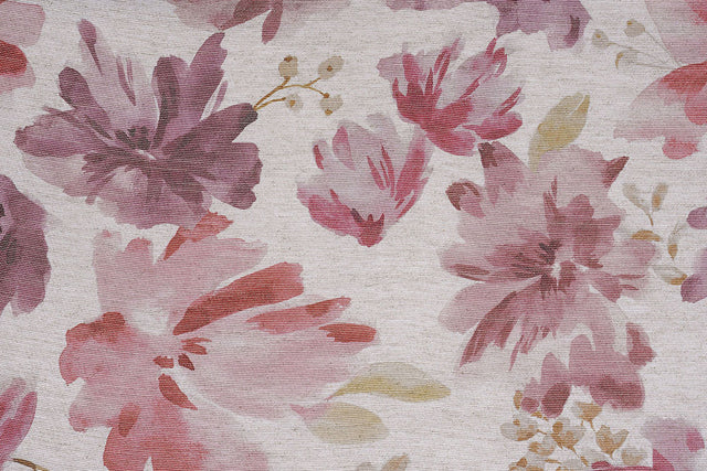 Gardinstof med malet blomsterprint — rosa buket, stofprøve