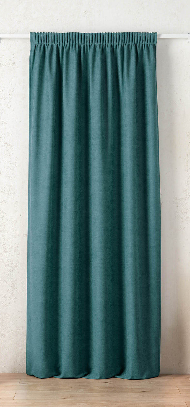Termo mørklægningsstof med velourlook — petroleumsgrøn, syet som færdigt gardin