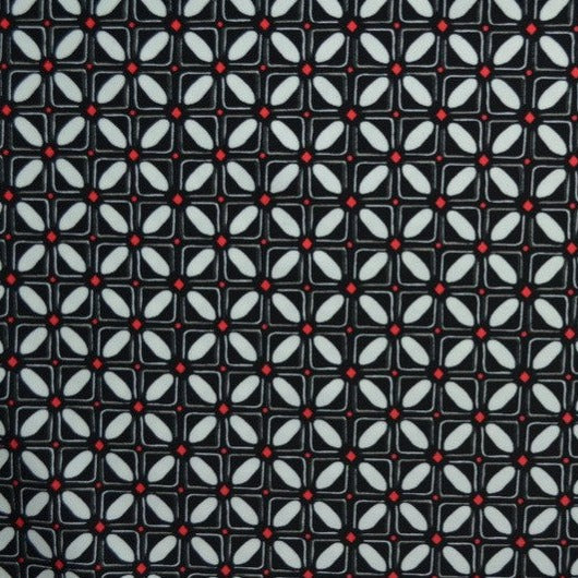 SORT/RØD LYCRA – GEOMETRISK FLISEMØNSTER, 4-VEJS STRÆK & HURTIGTØRRENDE