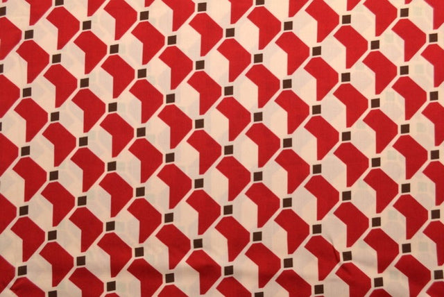 RÅHVIDT VISKOSE STOF MED RØDT GEOMETRISK PRINT – LET FALD & ELEGANT MAT GLANS