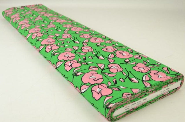 G&M Bomuldspoplin GRØN BOMULDSPOPLIN M. LYSERØDT BLOMSTERPRINT
